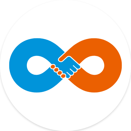 A blue and orange logo with an infinity symbol.
