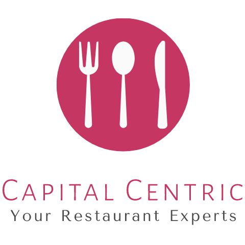 Logo of capital centric featuring a pink circle with silhouettes of a fork, spoon, and knife in white, with the text "capital centric your restaurant experts" below in white.